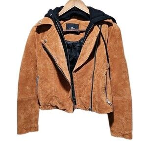 7 For All Mankind Suede Leather Moto Jacket Removeable Hood M Brown Black *Read*